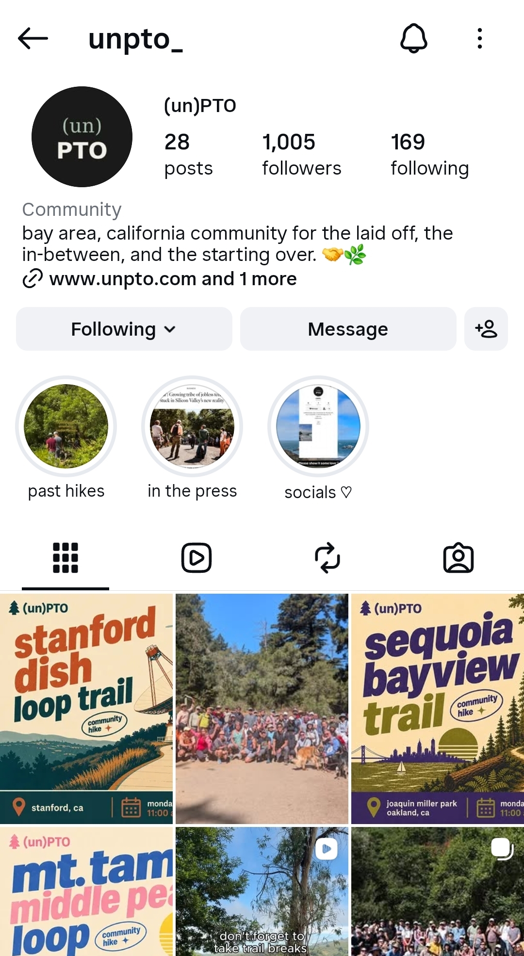 UnPTO Bay Area community Instagram profile