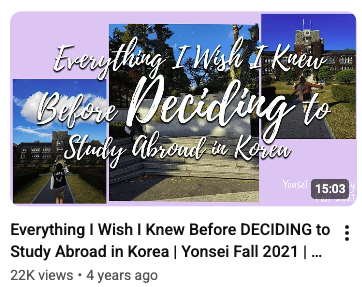 YouTube video about studying abroad in Korea