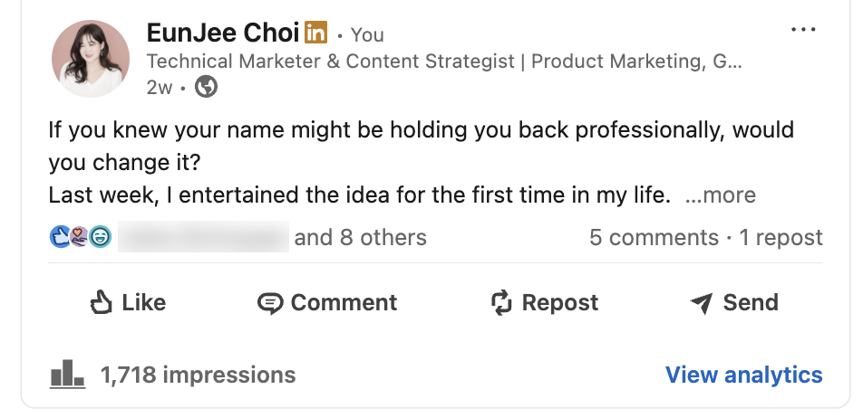 LinkedIn reflection about choosing to keep a Korean name, with 1.7K impressions