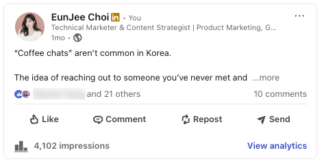 LinkedIn thought-leadership post about coffee chats and Korean culture