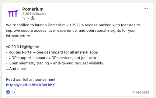 Pomerium launch post on LinkedIn
