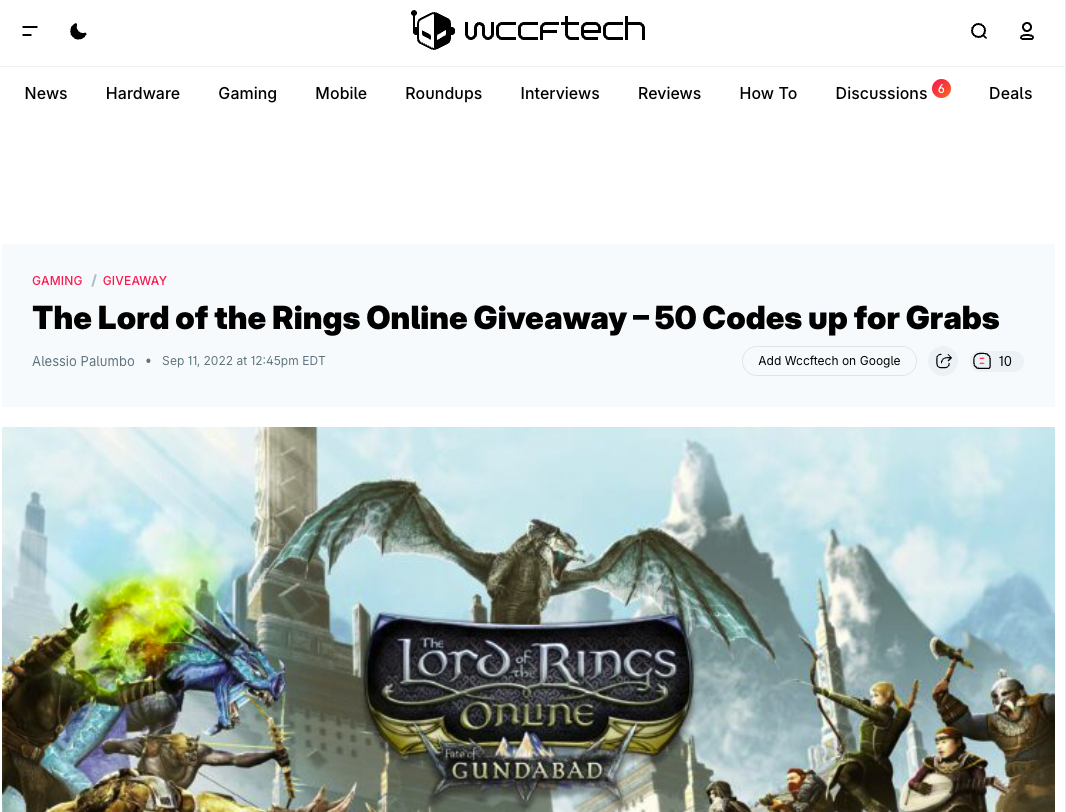 Wccftech article for a Lord of the Rings Online community giveaway