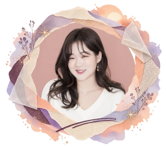 Eunjee Choi smiling in a layered watercolor and paper portrait frame